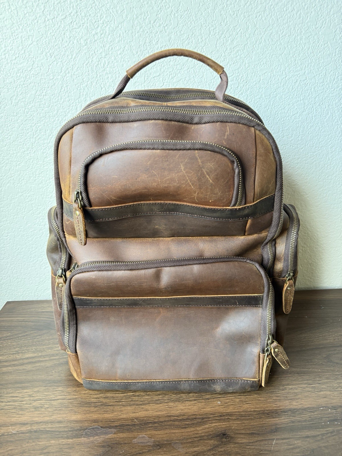 Tiding Leather Two Tone Leather Backpack Brown With Charging Laptop Bag