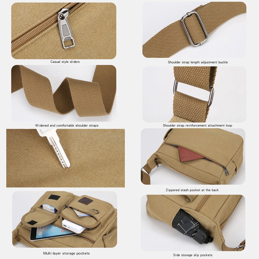 Men’s Canvas Shoulder Crossbody Bag Casual Work Travel Multi-Pocket Satchel