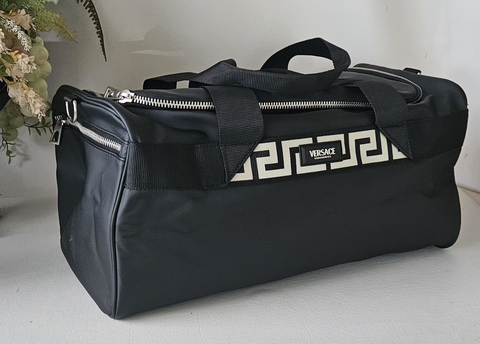 Versace Fragrances Black Duffle with Silver Tone Zipper Travel Overnight Gym Bag