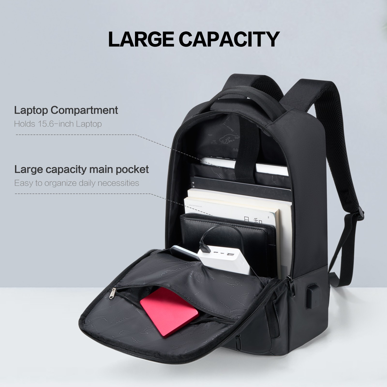 OIWAS Men Classic Backpack Waterproof 15.6″ Laptop Backpack Black with USB Port