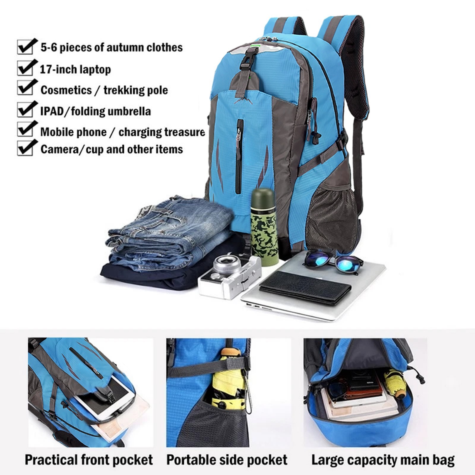 40L Travel Backpack Hiking Camping Rucksack Laptop School Bag Waterproof Unisex