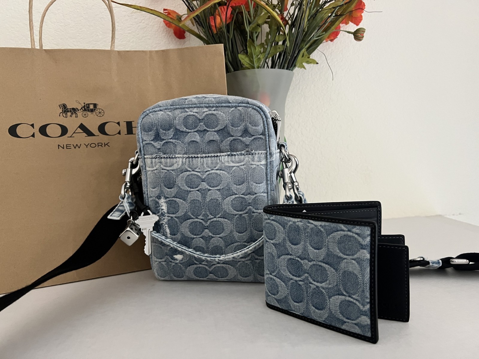 NWT COACH CET70 & CEC02 Tristan Crossbody Bag 14 & 3-In-1 Wallet In Loved Denim