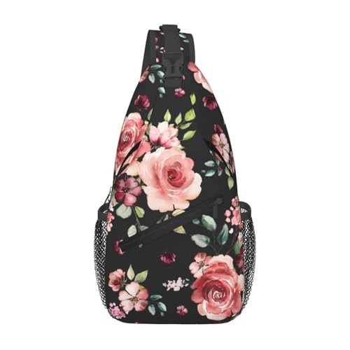 Floral Pattern Crossbody Sling Bag for Women Men Watercolor Blossom Pink Black