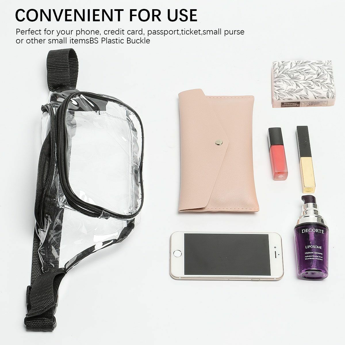 Clear Waist Pouch Bag Transparent Zip Pack Bag Adjustable Strap Travel Outdoor