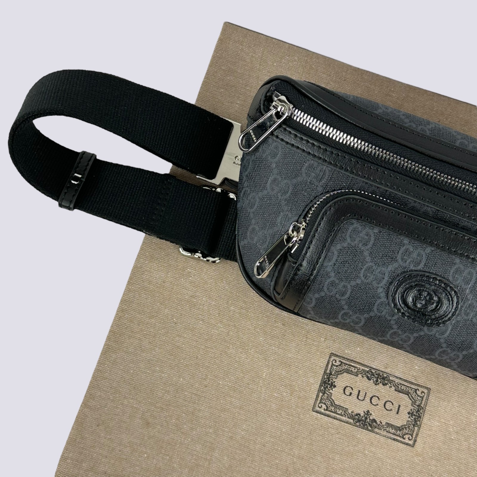 Gucci GG Monogram Logo Interlocking G Canvas Crossbody Belt Bag Black 682933