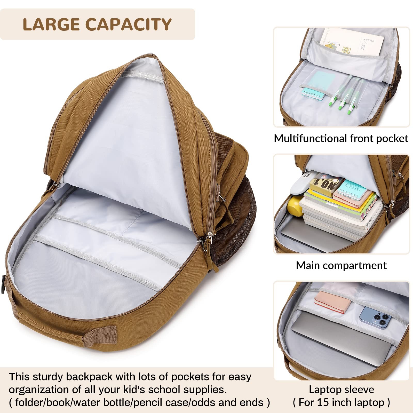 Water Resistant School Backpack with 15.6 Inch Laptop Pocket Dark Green