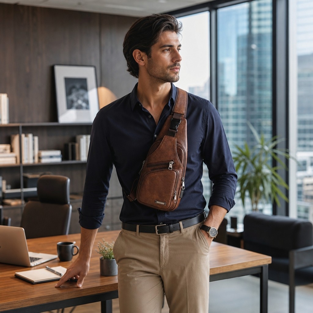 Chest Crossbody Bag Sling Backpack for Men with USB Charge Port Brown