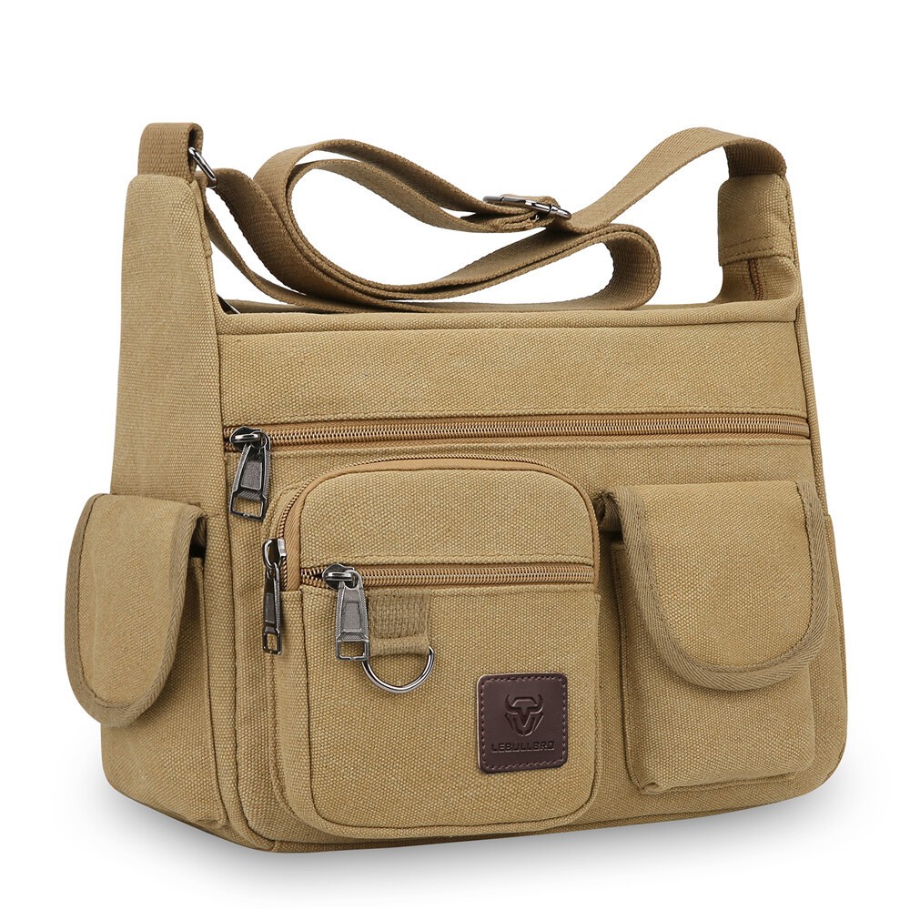 Men Large Canvas Crossbody Bag Multi Pocket Messenger Shoulder Bag Casual Khaki