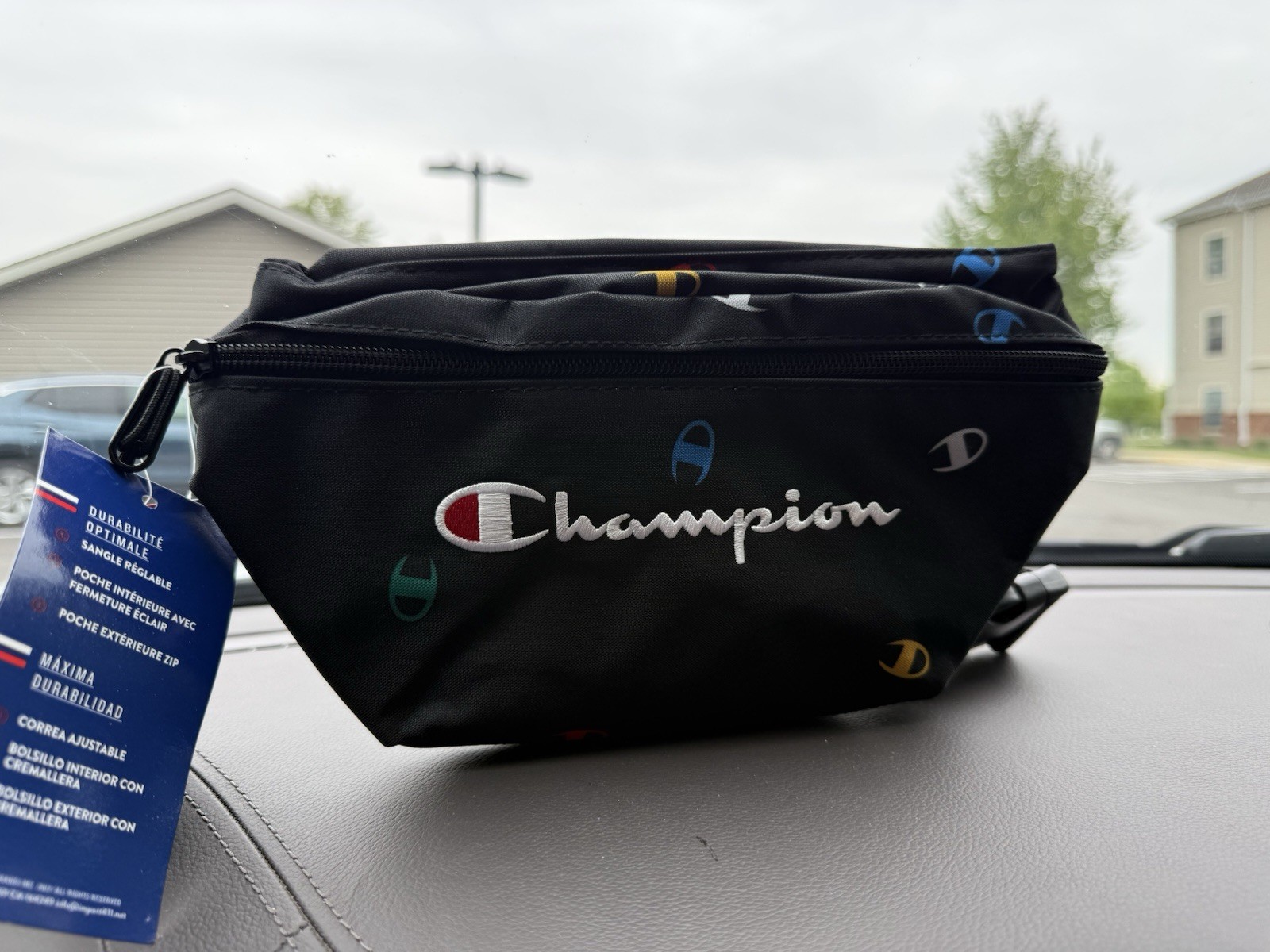 Champion Black Belt Bag Fanny Pack Multicolor Logo Print Adjustable Strap Zip