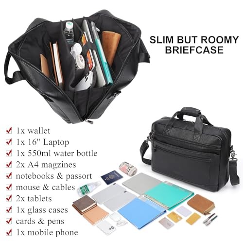 Men’s Leather Briefcase for 16″ Laptop Waterproof Crossbody Shoulder
