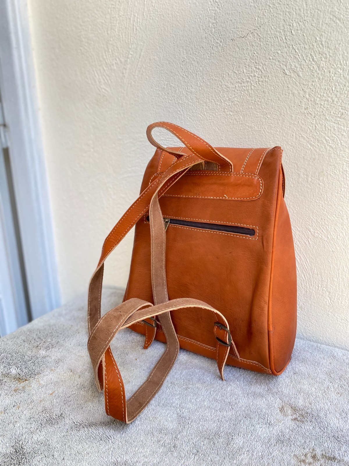 Cognac Leather Backpack Handmade Morocco Artisan Zip Genuine Leather
