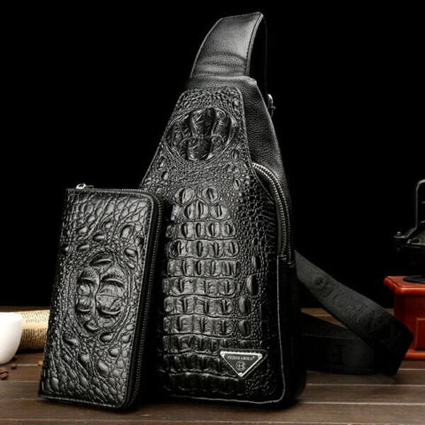 Men’s Leather Crocodile Pattern Sling Shoulder Bag Crossbody Bags Clutch Wallet