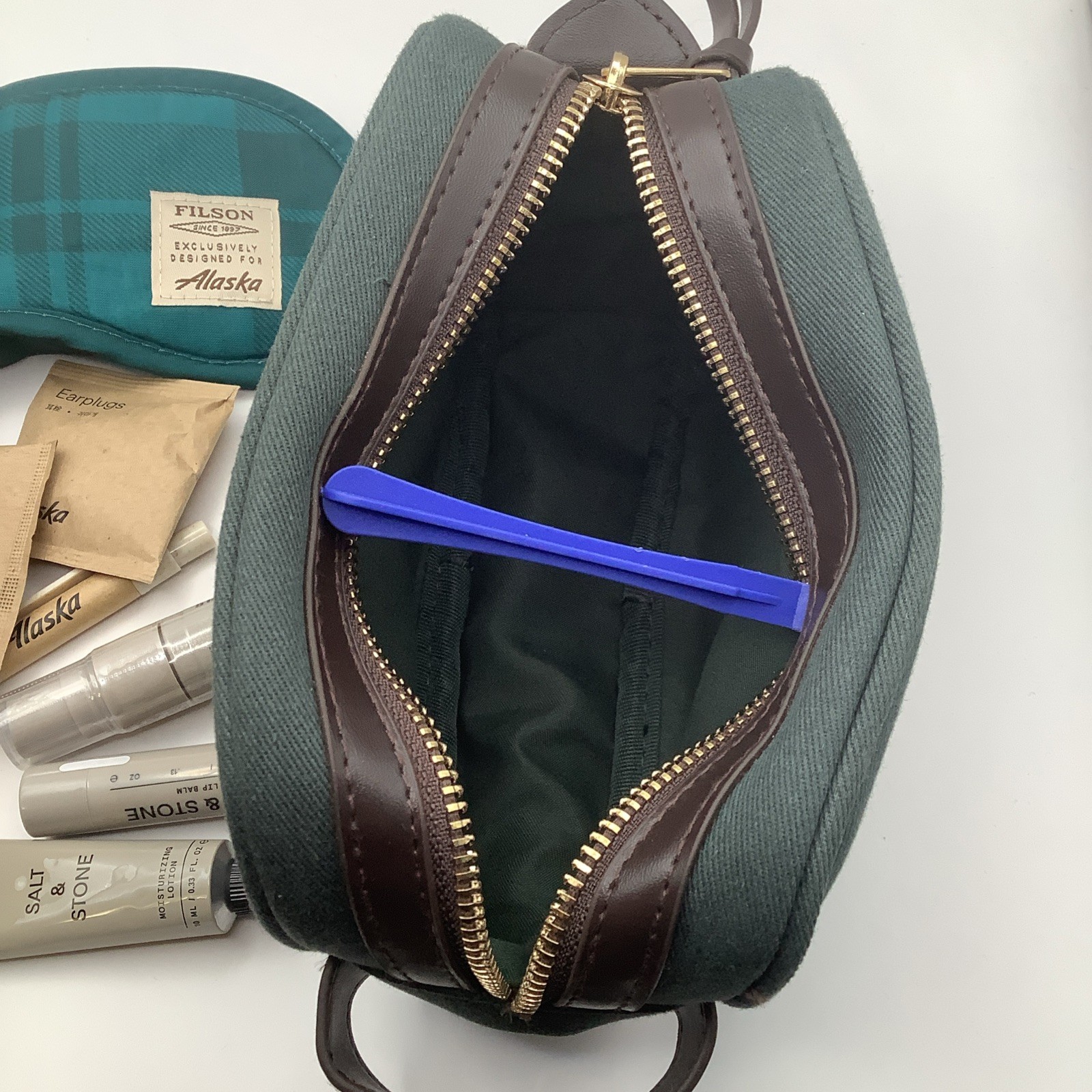 Filson + Alaska Airlines First Class Mini Rugged Twill Dopp Kit W/ Accessories