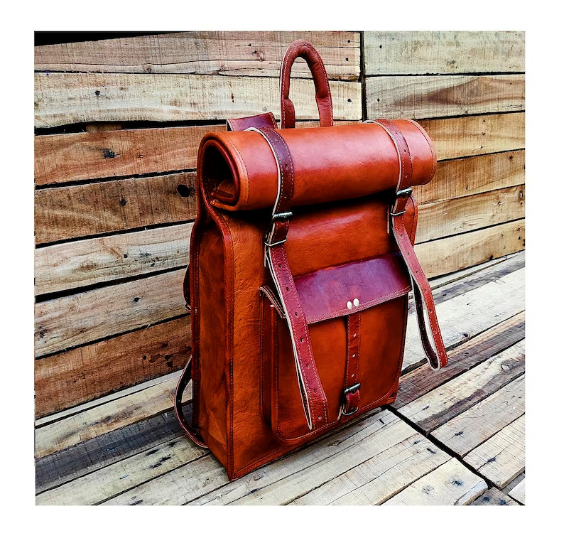Leather Roll Top Backpack Large Leather Backpack 24in Weekender Leather Backpac