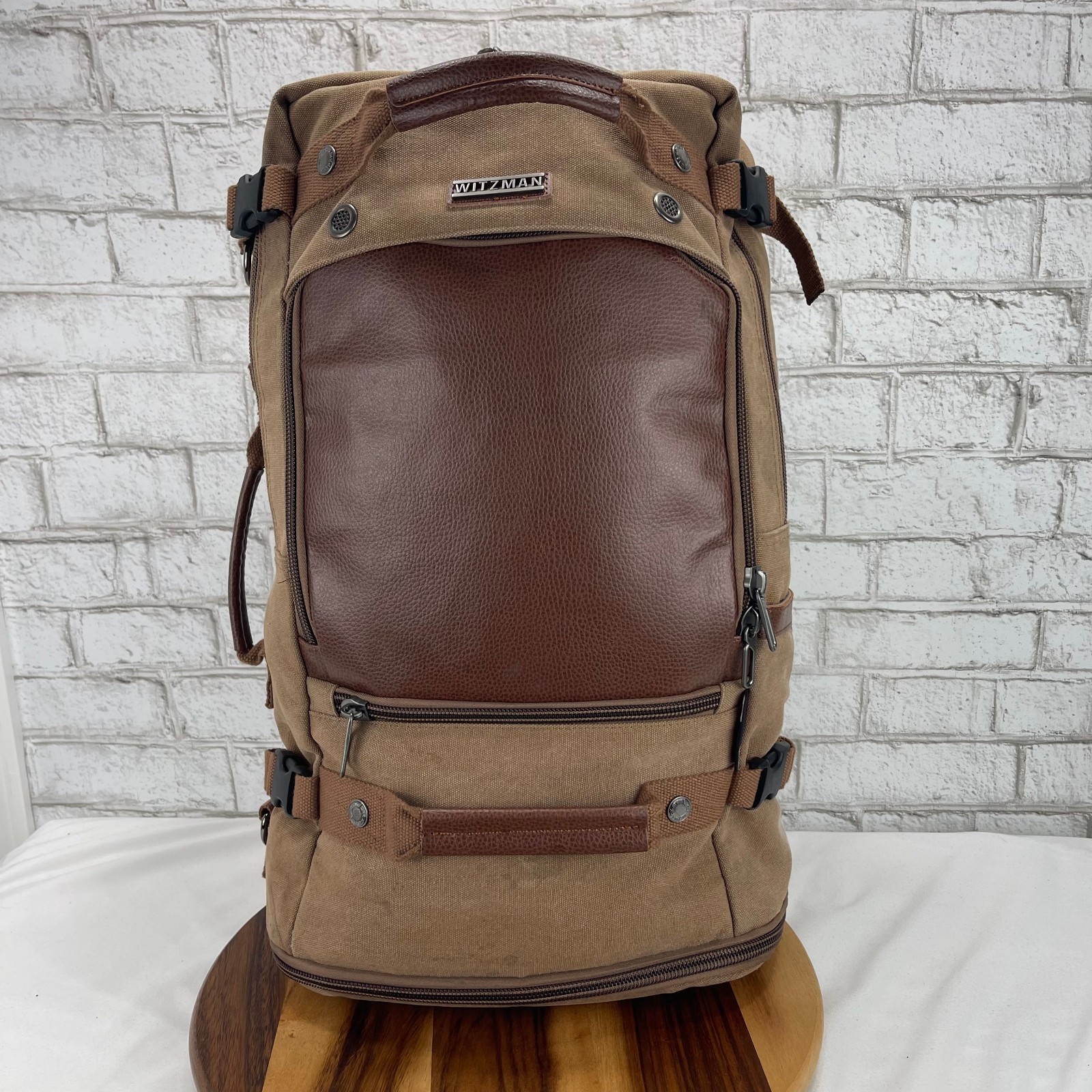 Witzman Brown Canvas Leather Multipocket Laptop Convertible Back Pack Travel Bag