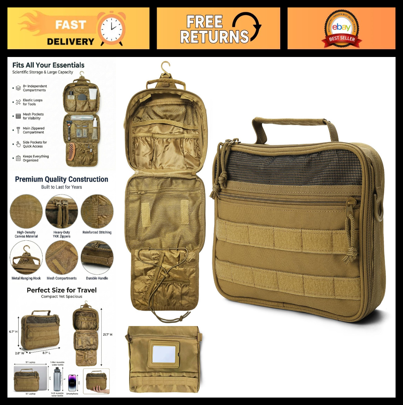 Tactical Men’s Toiletry Travel Bag – Hanging Dopp Kit for Shaving & Hygiene, Bro