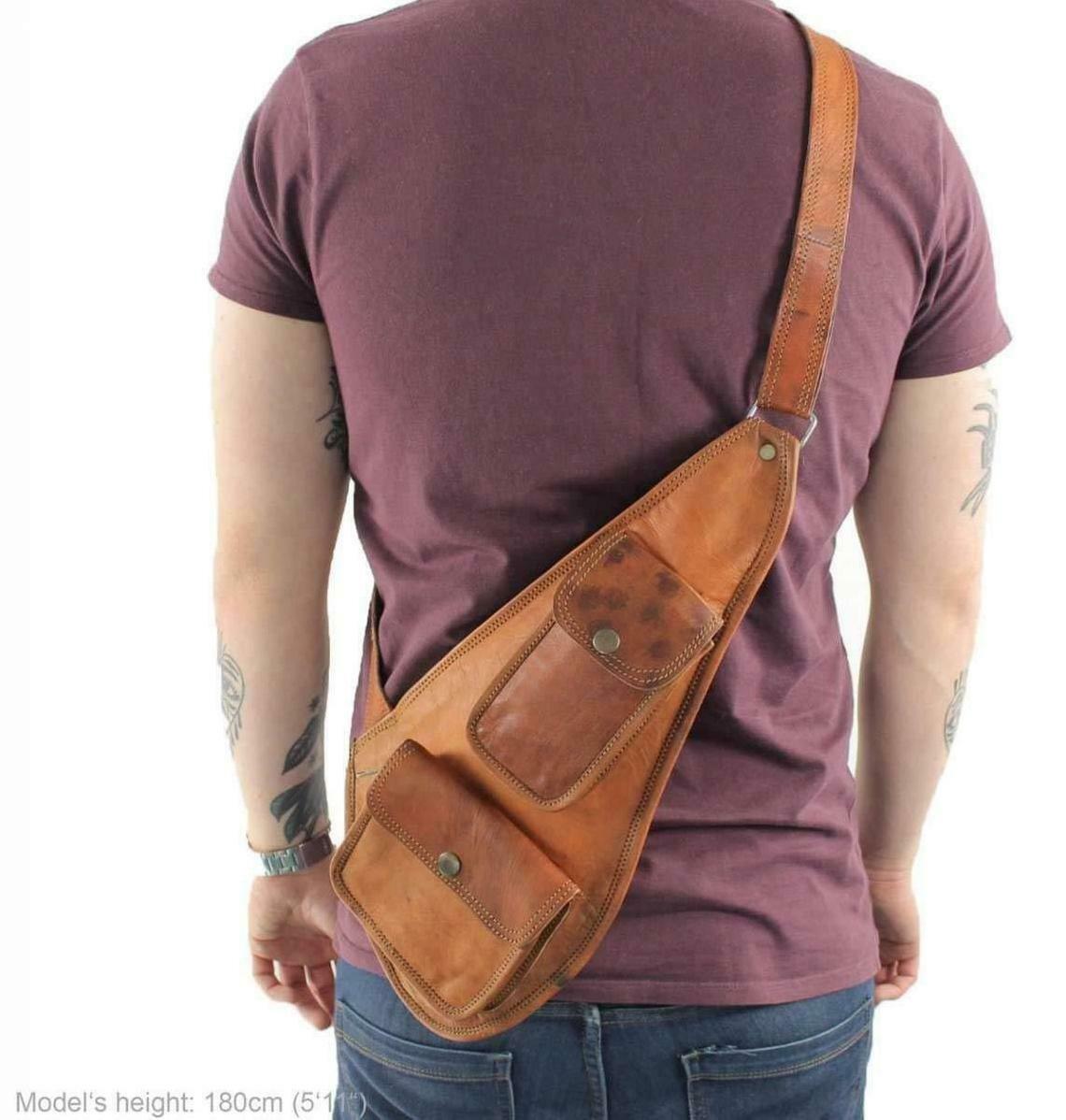 Vintage Goat Brown Leather Shoulder Sling Satchel Bag Brown Backpack Men & Women