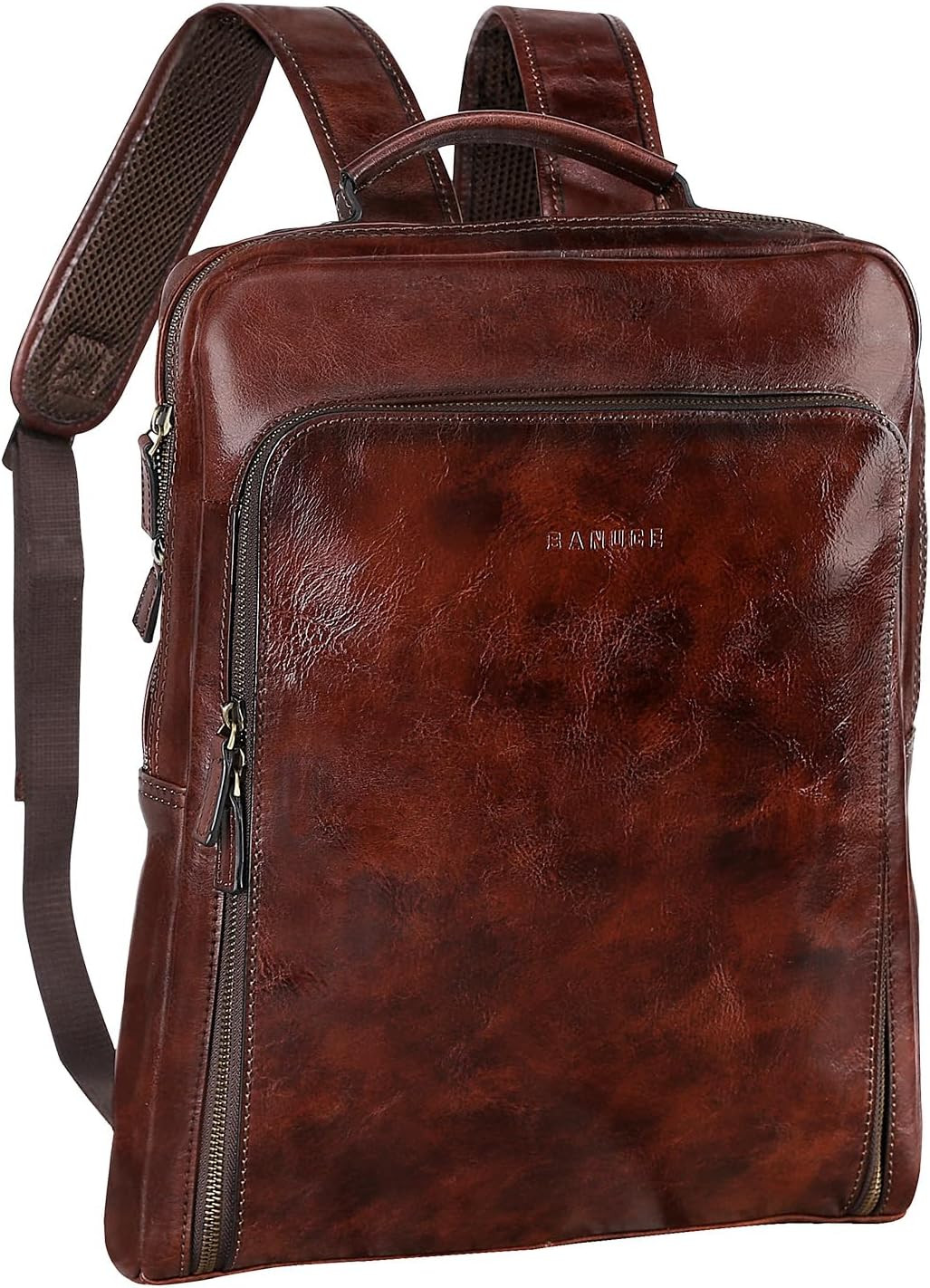 Stylish Vintage Brown Full Grain Leather Laptop Backpack with Luggage Strap