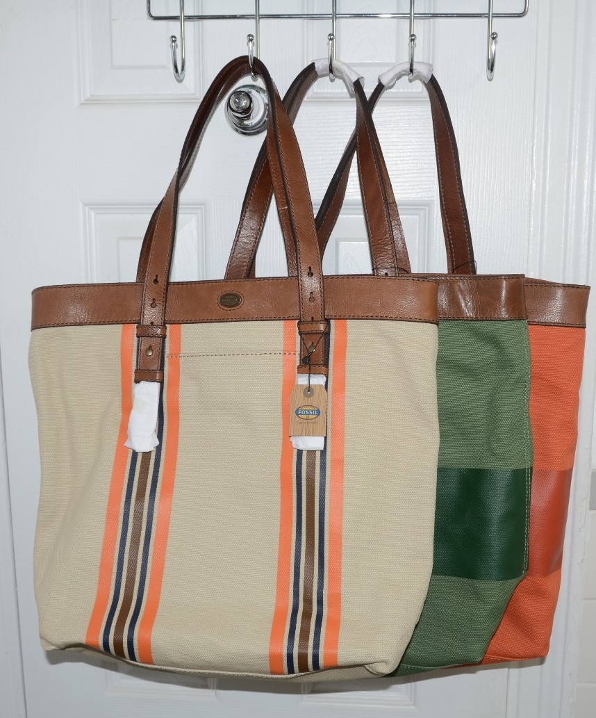 Fossil Estate CB Utility Shoulder Bag Canvas w Genuine Leather Trim Tote