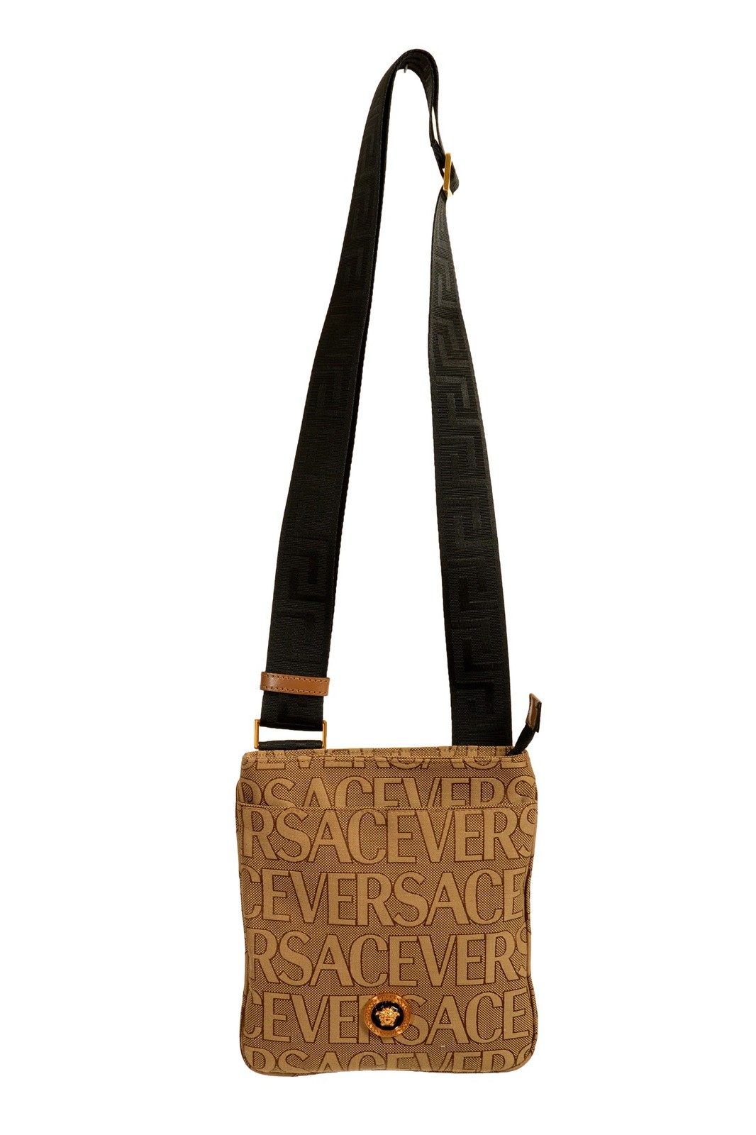 Versace Unisex Gold Medusa Logo Print Canvas Crossbody Shoulder Bag