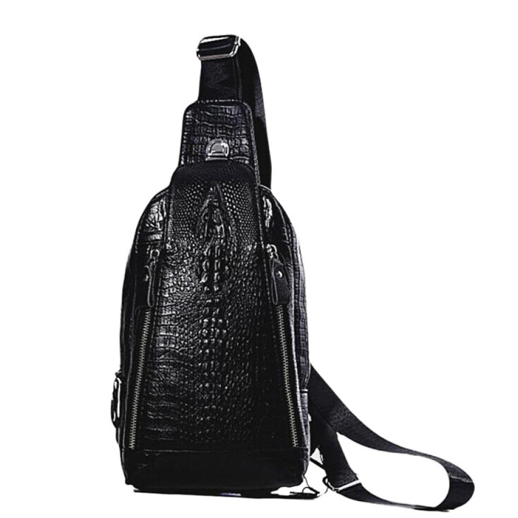 Genuine Leather Sling Backpack Black Men’s Crossbody Chest Bag Crocodile Pattern