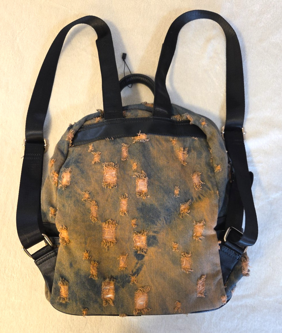 Distressed Soft Denim Backpack Patches Embroidery Sequins Eyes Grunge Studs Zip
