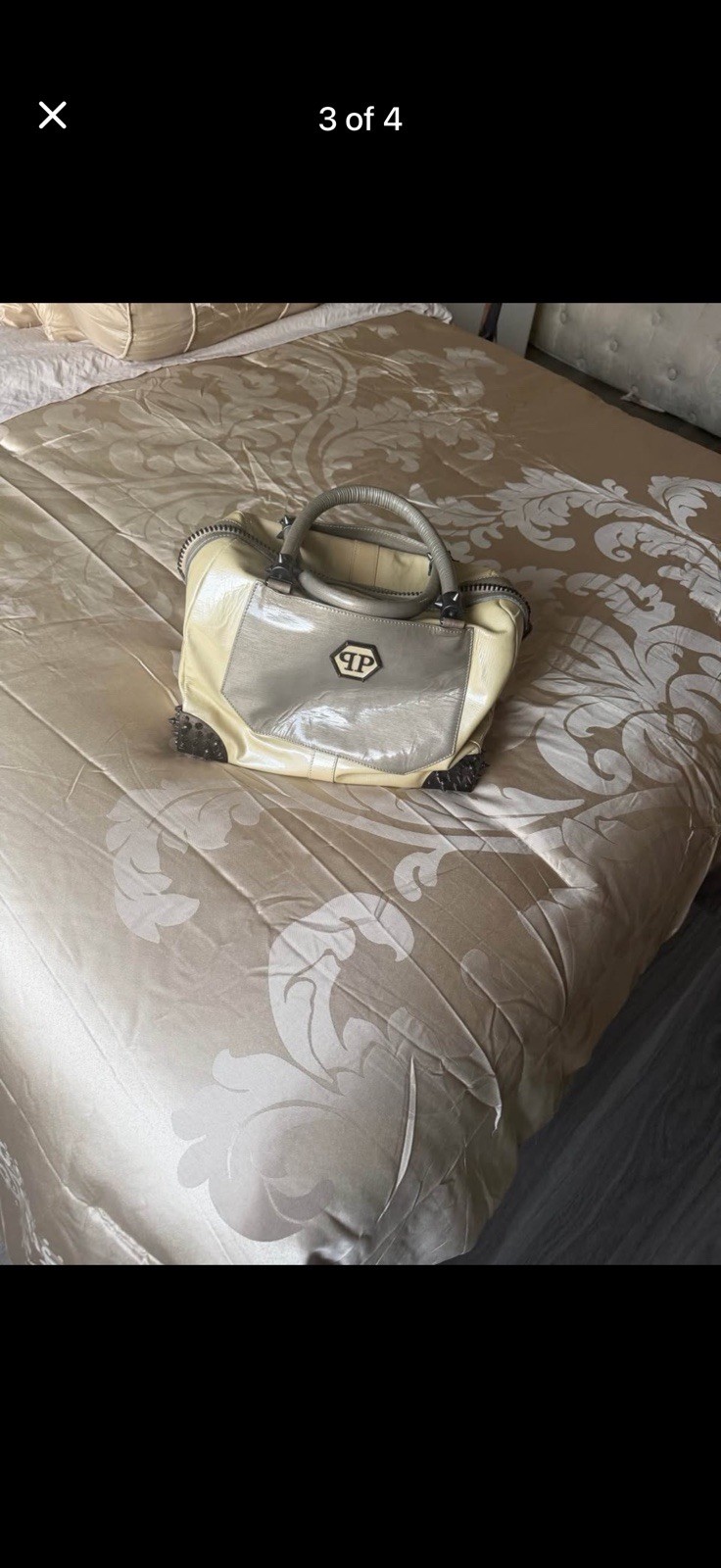 Silver/Beige Colorblock Satchel Zip Top Handle Shoulder Strap Unisex