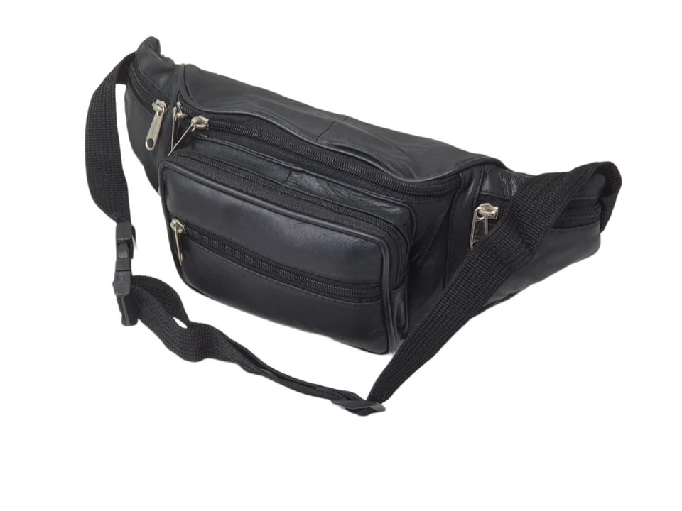 Genuine Leather Fanny Pack Multi Zippered Waist Bag Hip Belt Purse Black Pouch