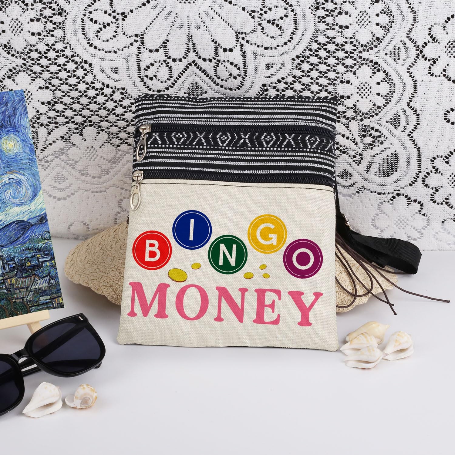 Colorful Bingo Money Print Adjustable Strap Crossbody Bag Bingo Game Gold Coi…