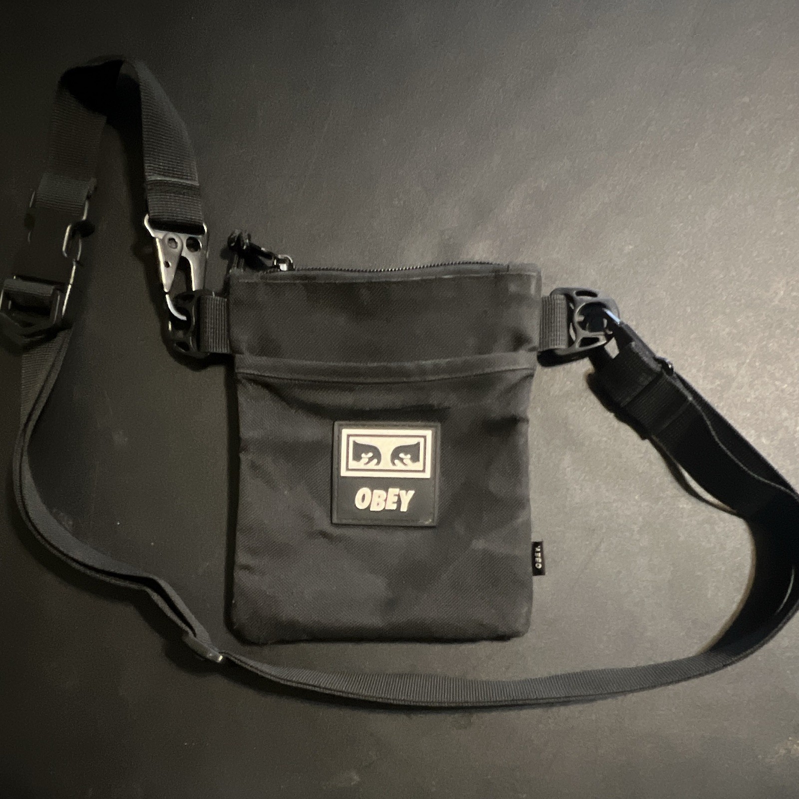 OBEY Black Crossbody Bag Solid Casual Zip Closure Adjustable Cross-Body Strap