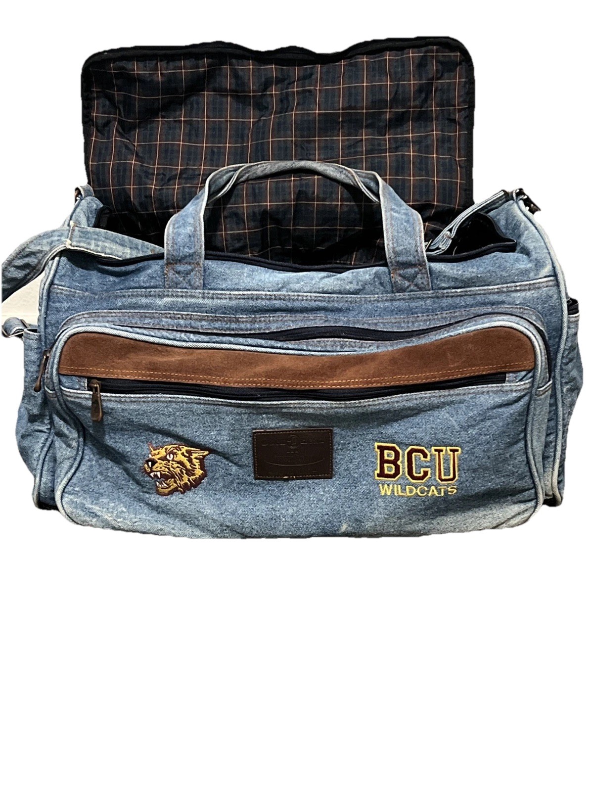 Duck Head Duffel Bag Heavy Denim BCU Wildcats Patch Plaid Interior 21″ Rugged