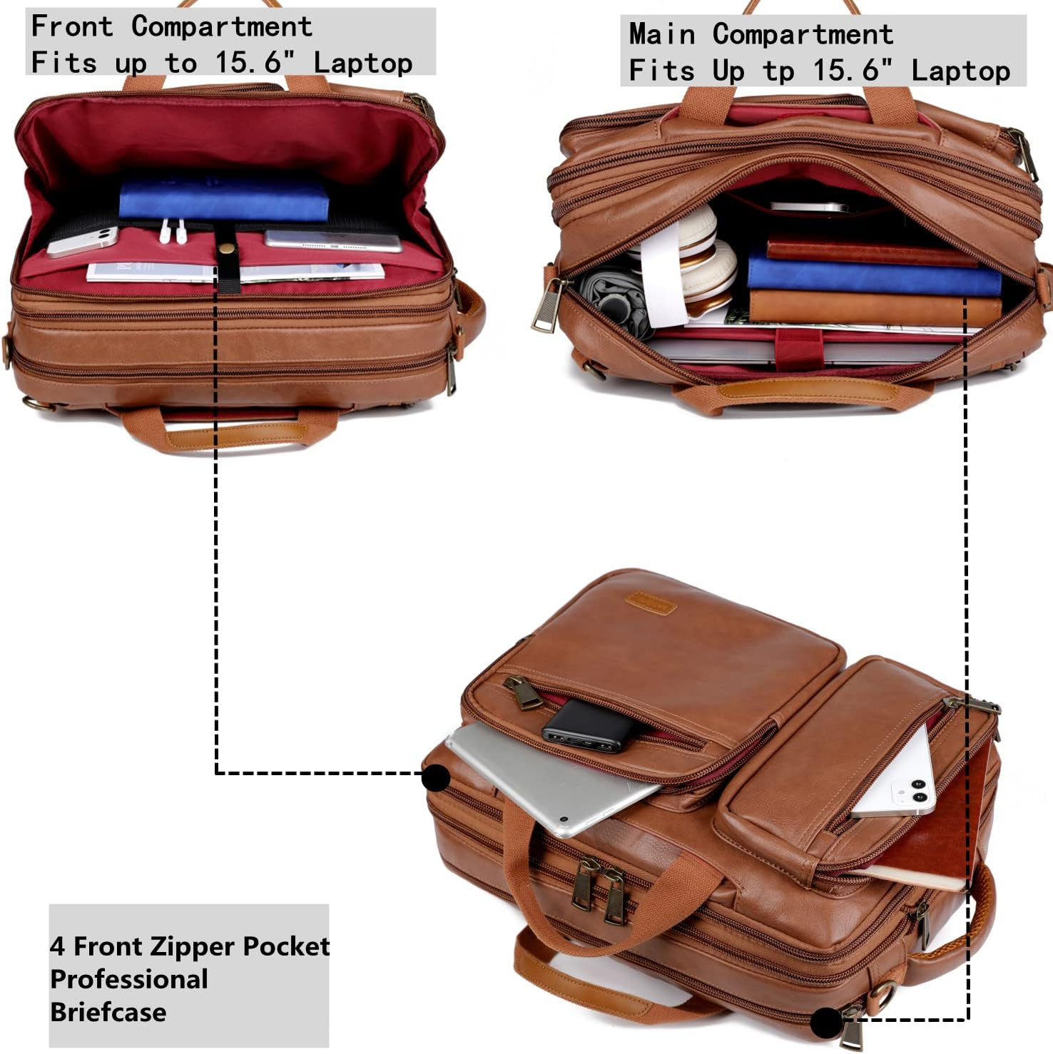 5.6″ Vegan Leather Laptop Backpack Briefcase Convertible Travel Bag Brown