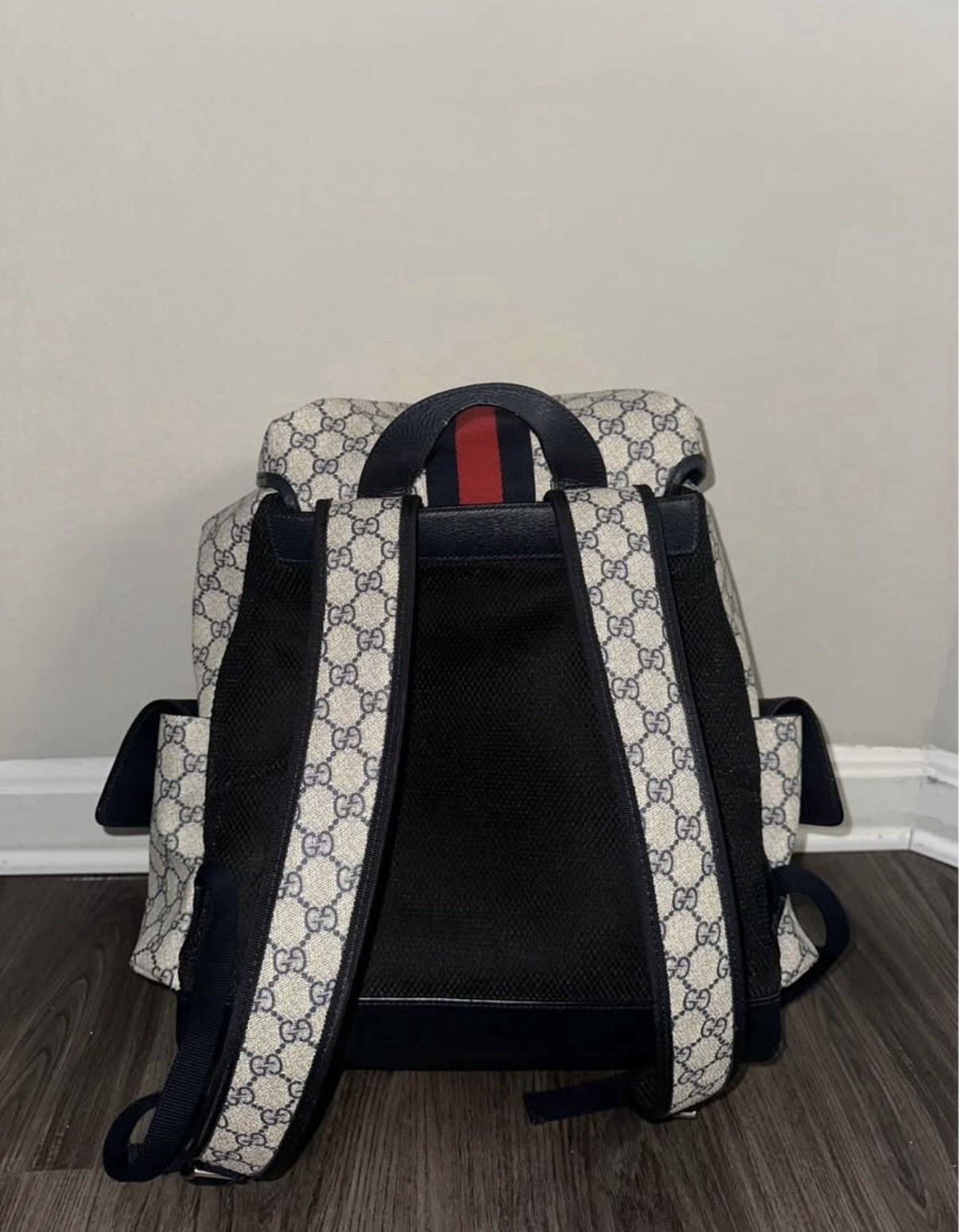 Gucci GG Monogram Backpack Beige Navy Red Adjustable Strap Outer Pockets