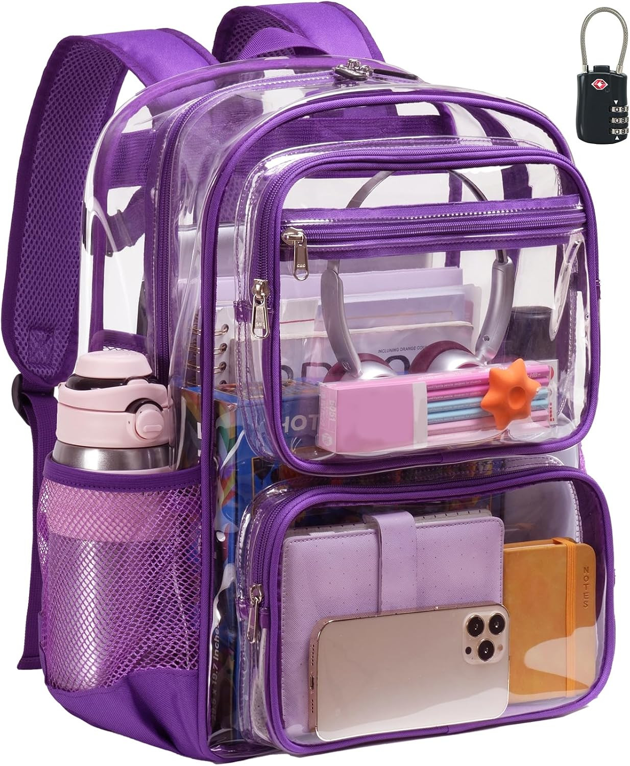 Clear Backpack with TSA Lock, Large Clear Bookbag, Purple | Heavy Duty See throu