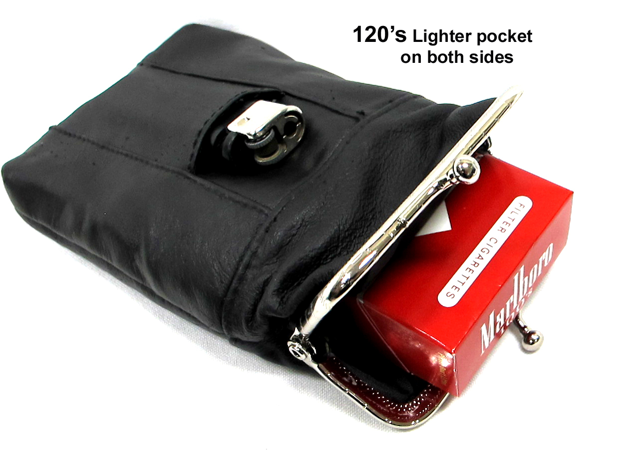 Genuine Leather Cigarette Case Pouch Lighter Pocket Top Twist Clasp -Fit 120’s