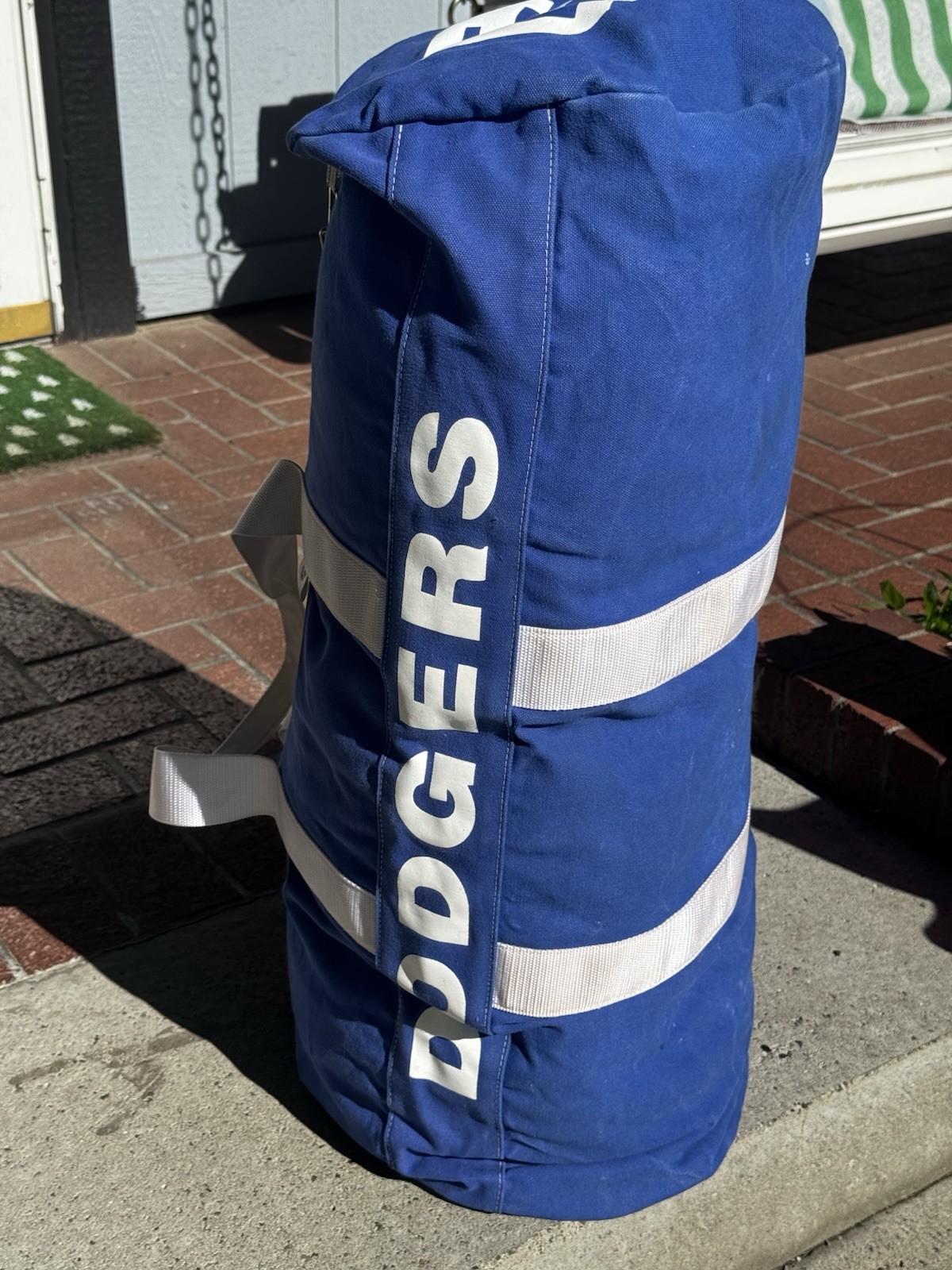 Vintage Jensen Lee USA Canvas Dodgers XL Duffel Bag Blue White 33” Baseball