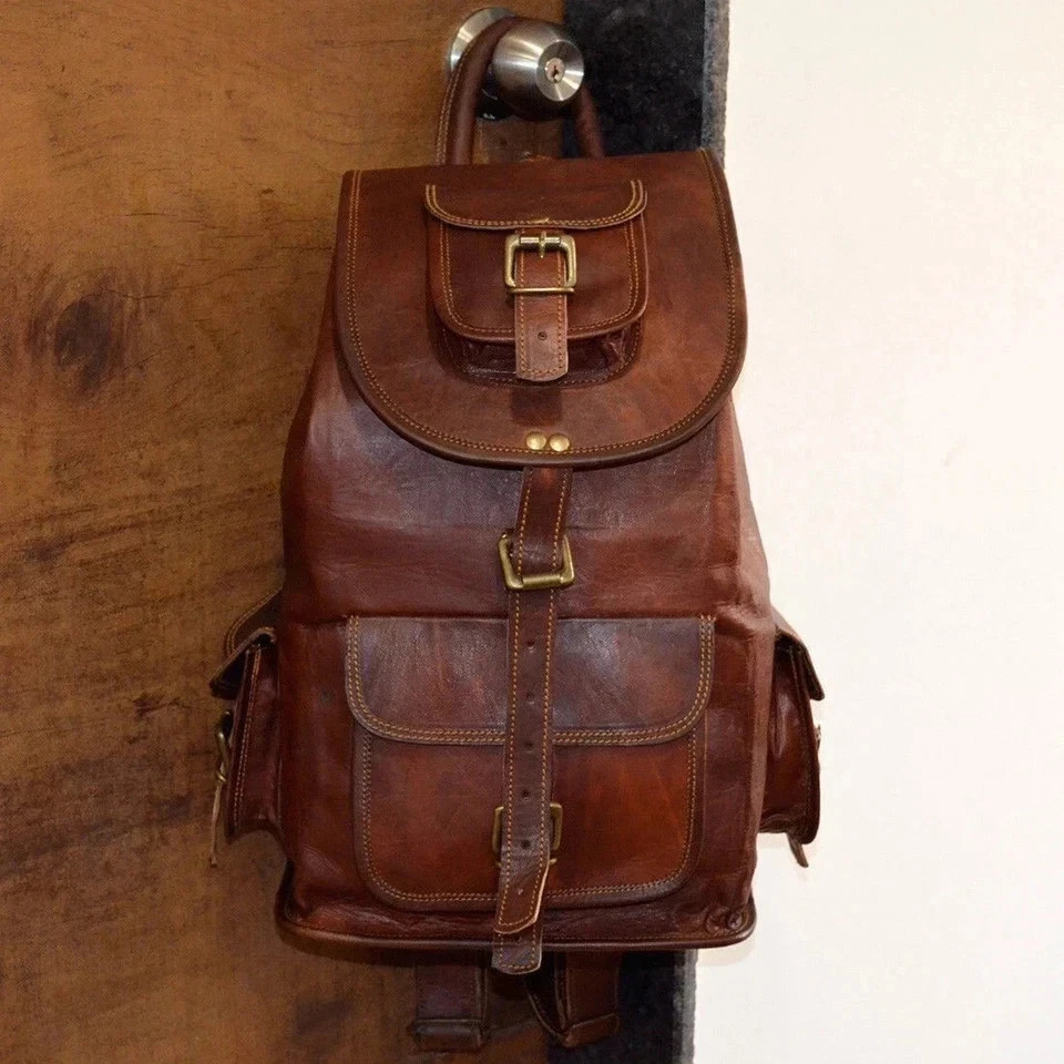 Explore Leather Bag Goat Genuine Laptop Rucksack Vintage Travel Men’s Brown Men