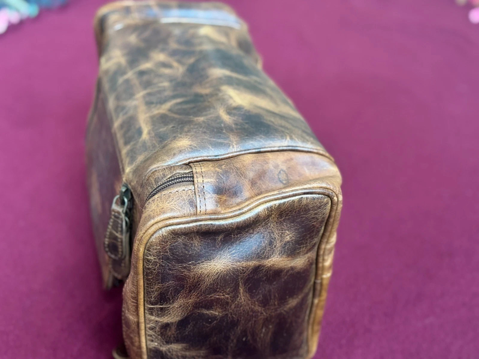 Large Full Grain Leather Dopp Kit Shaving Toiletry Travel Bag Brown