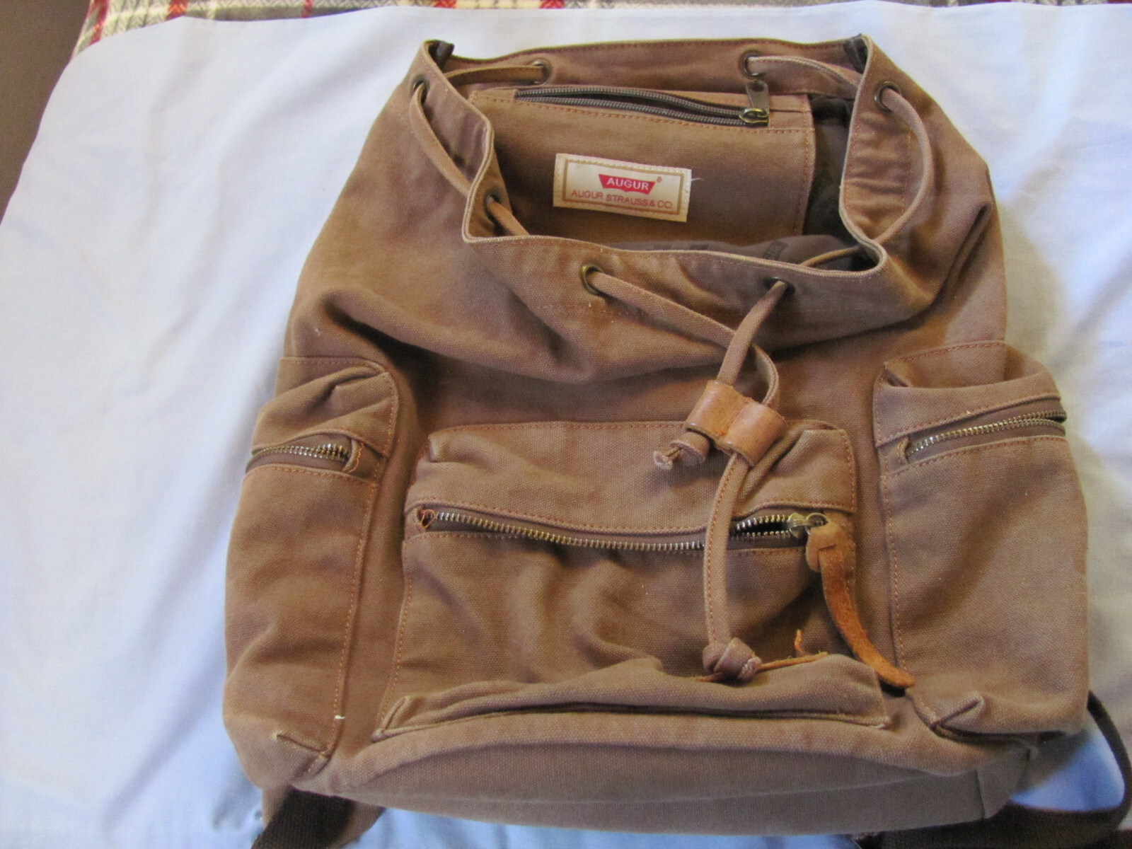 Augur Strauss & Co Jans Brown Canvas Leather Strap Backpack Laptop Hiking Travel
