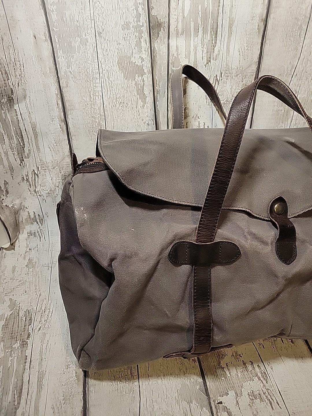 S-ZONE Distressed Gray Canvas Duffle Bag Brown Leather Trim Travel Bag NO STRAP