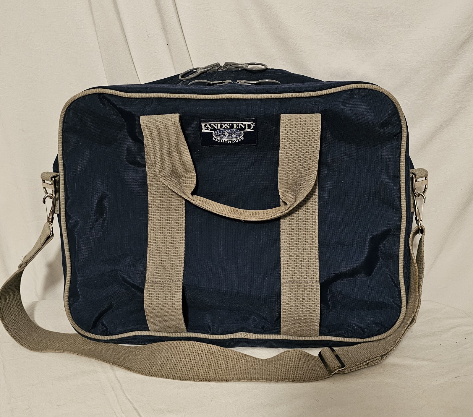 Vintage Lands End Lighthouse Nylon Zip Around Work Bag Blue Made In USA EUC