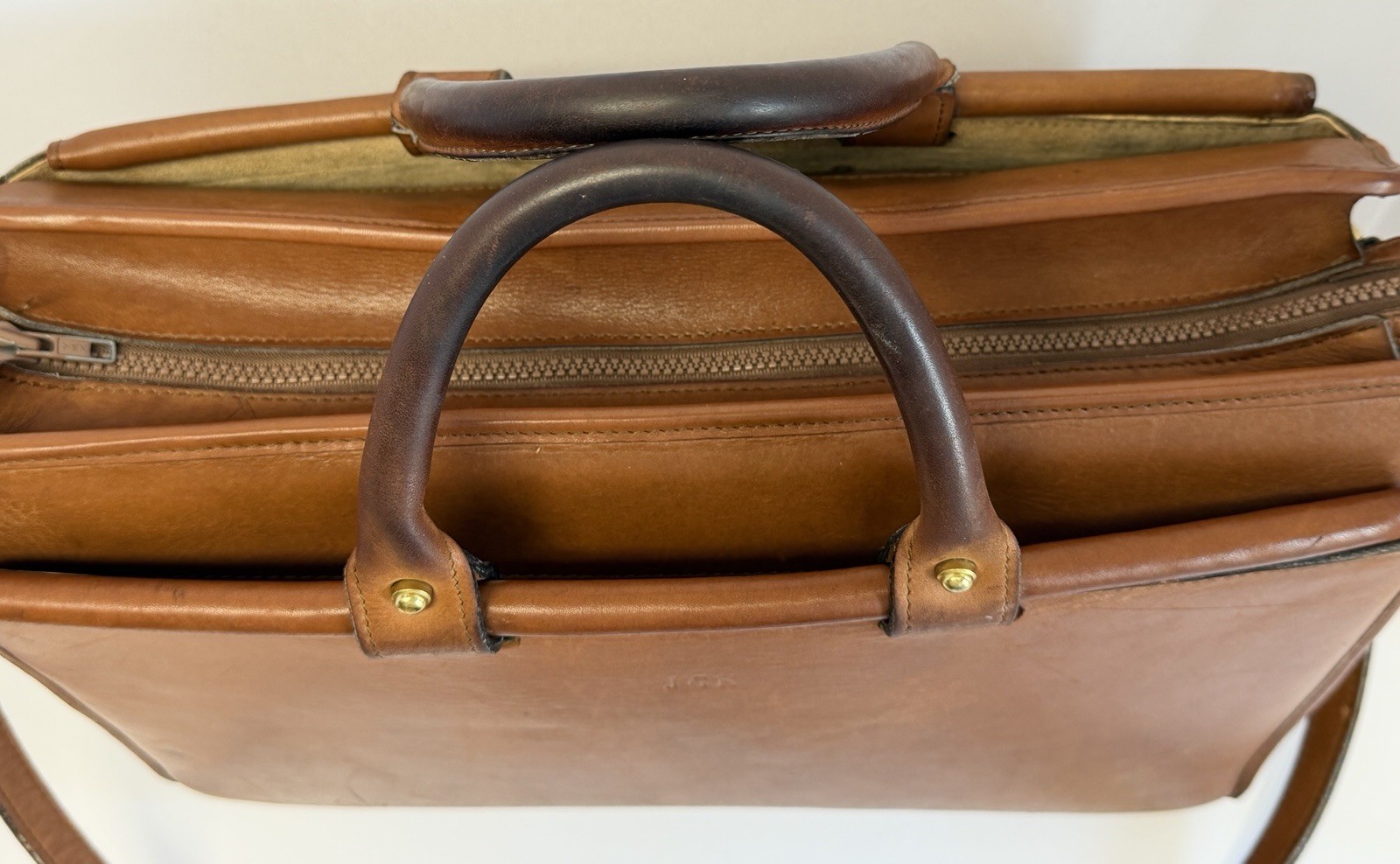 Vintage Jack Georges Brown Leather Messenger Briefcase Double Handle 16.5” Wide