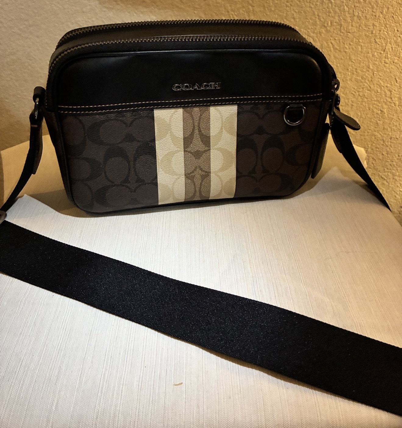 Mens Coach Crossbody Bag, Brown/Khaki Stripe, Pre-owned Excellent Condition