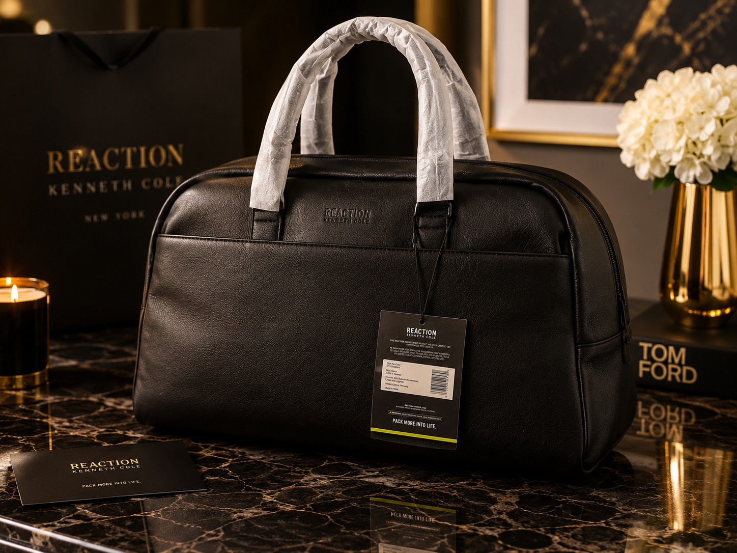 NEW Kenneth Cole Reaction Duffle Bag Black Faux Leather Travel Weekender