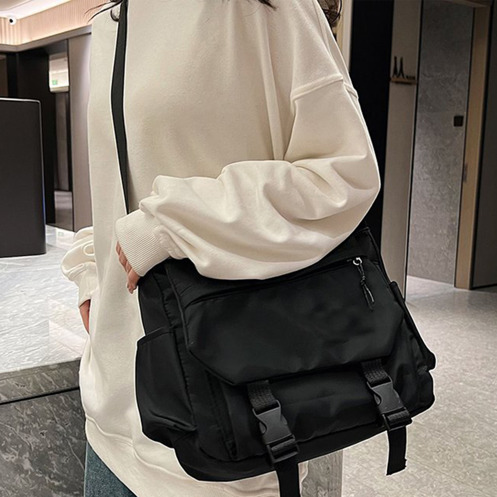 Casual Shoulder Bag Flap Over Messenger Bag Black For Men Women For School