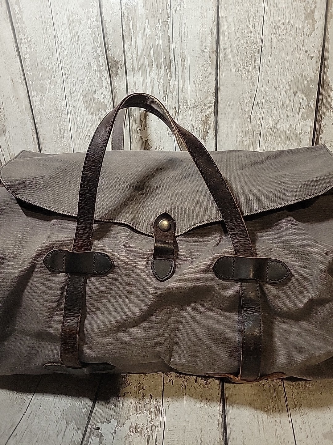 S-ZONE Distressed Gray Canvas Duffle Bag Brown Leather Trim Travel Bag NO STRAP