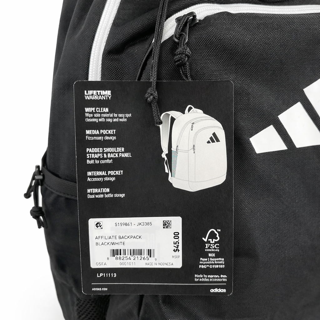 Adidas Unisex OSFA Affiliate School/Sports/Travel Backpack Black/White Style