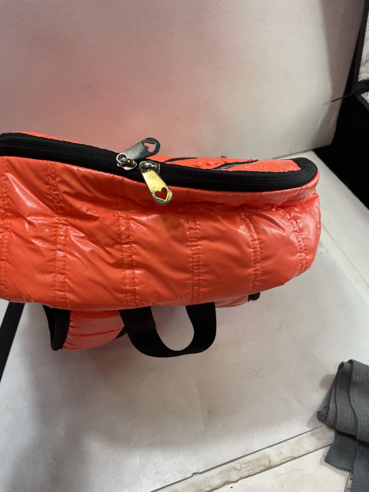 Triple Gear Quilted Backpack Orange Lightweight Synthetic Fabric Love Rock Patch