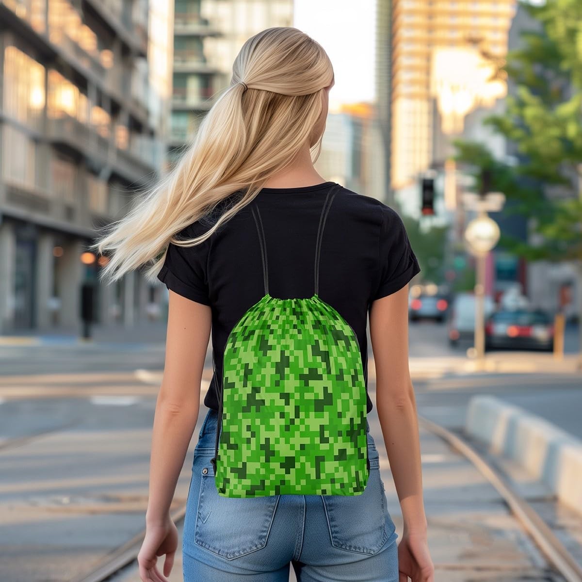 Green Pixelated Themed Gamer Drawstring Backpack 13″X16″ Video Games Sackpack…