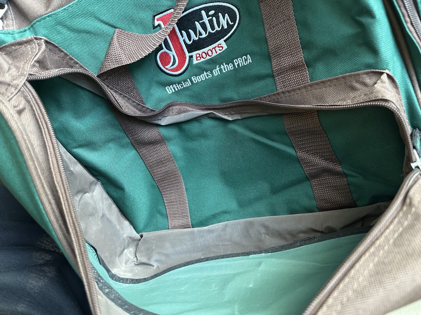 Justin Boots • Wrangler NFR PRCA ProRodeo 2013 Las Vegas green boot duffle bag